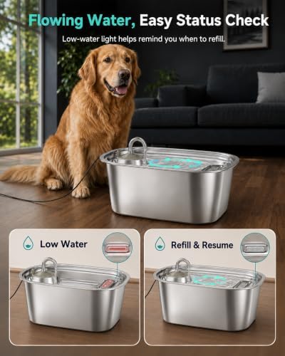 2.06 Gallon Stainless Steel Dog Water Fountain for Large Dogs, 7.8L Automatic Dog Water Bowl with Top-Fill Water Level Window, Quiet Pump and 2 Filters - Image 4