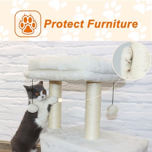 PEEKAB Small Cat Tree Tower,Scratching Post with Condo and Perch for Indoor Cats and Kittens,with Dangling Ball Massage Brush,Beige - Image 5