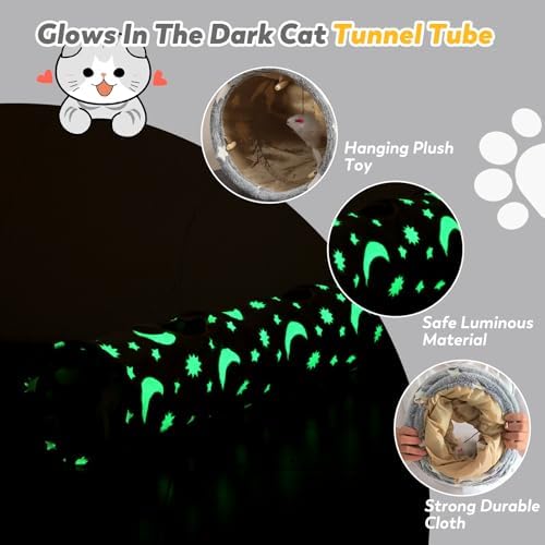 Cat Tunnels for Indoor Cats with Plush Toys Glows in The Dark Dog Cat Tunnel Tube Toys Photoluminescent for Indoor Cats Small Dogs Puppy Kitten Rabbit Bunny Ferret Pet Gray - Image 2