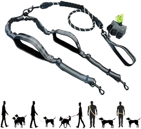 Double Dog Leash No Pull Bungee Hands Free Black Large Dogs by Tiesenci