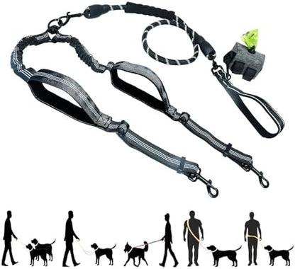 Double Dog Leash No Pull Bungee Hands Free Black Large Dogs by Tiesenci