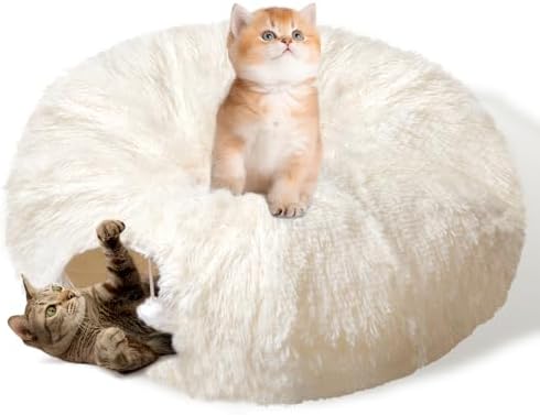 Peekaboo Cat Cave with Washable Mat, Collapsible Cat Play Tunnel for Kittens & Small Pets, Plush Cat Donut Bed Tunnel, Beige by Baseola