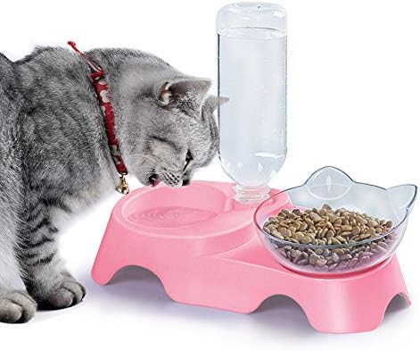 MILIFUN Double Dog Cat Bowls - Pets Water and Food Bowl Set, 15°Tilted Water and Food Bowl Set with Automatic Waterer Bottle for Small or Medium Size Dogs Cats by Milifunpets