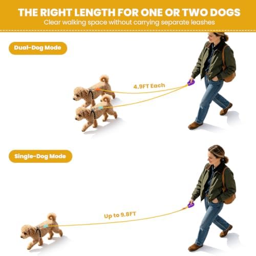 Double Dog Leash, Hands Free Dog Leash Set w/Sponge Handle, Adjustable 4.9-9.8ft for Walking Jogging Running, Multifunctional Handheld Crossbody Waist for Small Medium Dogs - Image 6