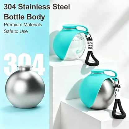 Spherical Portable Dog Water Bottle - Leak-Proof Travel Water Bowl for Pets, BPA-Free Plastic & Food-Grade Stainless Steel, Lightweight for Walking, Hiking, Outdoor (Bule-Stainless Steel) - Image 7