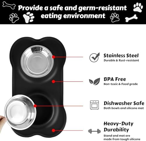 AsFrost Dog Food Bowls Stainless Steel Dog Bowls, Dog Food and Water Bowl Set with No Spill Non-Skid Silicone Mat, Dog Dishes for Small Medium Large Sized Dogs Pet Cat Food Bowls, 6 Cup, Black - Image 4