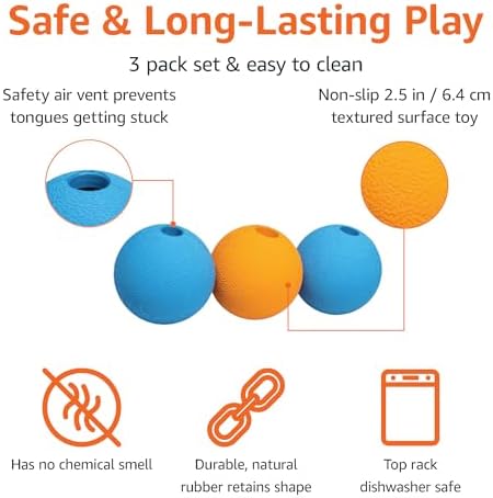 Amazon Basics Interactive Bouncy Supreme Durable Natural Rubber Dog Toy Balls, Easy to Clean, 2.5 inch, Blue, Orange, Pack of 3 - Image 2