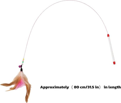 Cat Feather Wand Toy - Steel Wire Feather Interactive Cat Stick Training - Beads Bells Kitten Wand Toys Pet, Funny Kitten Fishing Pole Toy for Bored Indoor Chase & Exercise(1Pcs)