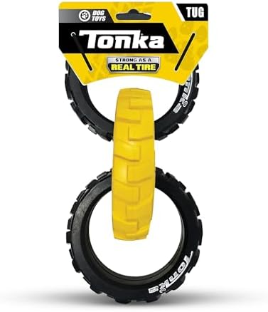 Tonka 3-Ring Tug Outdoor Dog Toy, 10.5 Inch Ring Dog Tug Toy for Medium and Large Breeds, Black/Yellow by Tonka