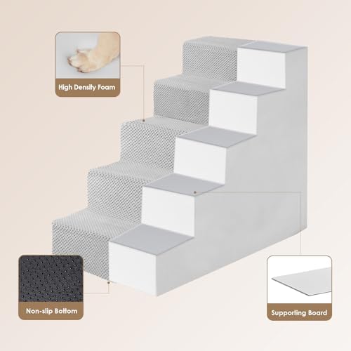 EHEYCIGA Dog Stairs for High Bed 22.5" H, 5-Step Dog Steps, Light Grey - Image 3