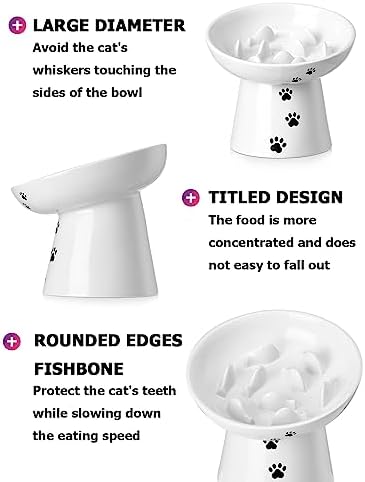 Y YHY Slow Feeder Cat Bowl, Ceramic Cat Slow Feeder Bowl, 6 Inches, Elevated, Anti Vomiting for Dry and Wet Food, White - Image 6