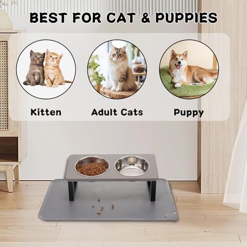 Summark Upgraded Elevated Cat Bowls with Food Mat,15°Tilted Stand Anti Vomiting Raised Cat Dishes for Food and Water,2 Stainless Steel Bowls for Cats and Puppy（Gray） - Image 6