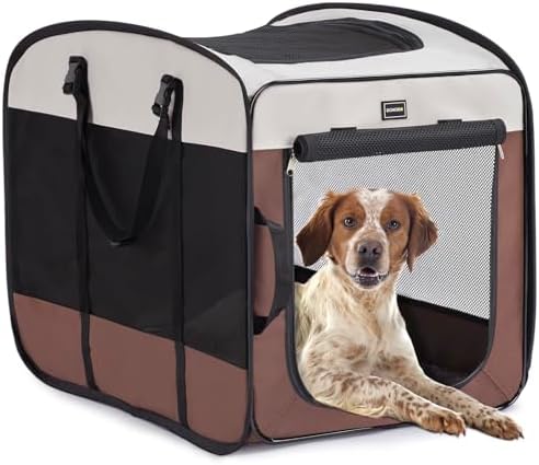 DONORO Dog Kennels and Crates for Medium Dogs, Portable Pop Up Indoor Pet Cage with Sturdy Wire Frame, Collapsible Travel Crate Soft Sided Cat Bag Escape Proof (Brown, 24.0" L x 16.0" W x 19.0" H) by DONORO
