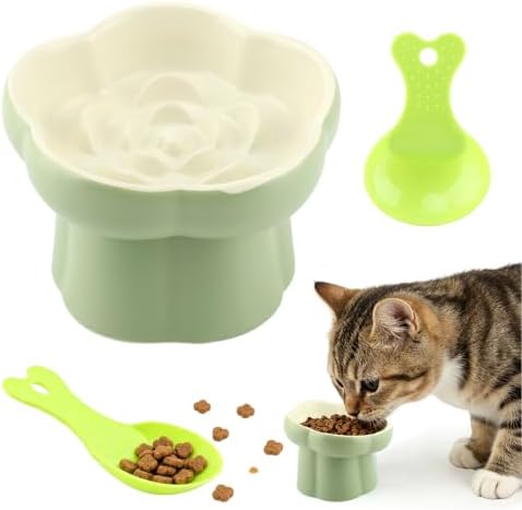 Raised Slow Feeder Cat Bowl, 5.71 Inch Ceramic Elevated and Tilted Cat Food Bowl with 2 Scoops, Flower Shaped Cute Cat Dish for Dry and Wet Food (Green) by Unknown
