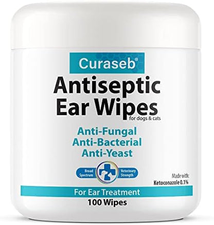 Curaseb Cat & Dog Ear Infection Treatment Wipes – Soothes Itchy & Inflamed Ears – Cleans Debris and Buildup – 100 Count by Curaseb