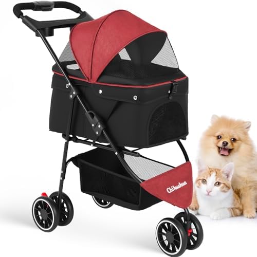 Pet Stroller,Dog Stroller for Small Medium Dogs Cats,3 Wheels,Red+Black by Chihuahua
