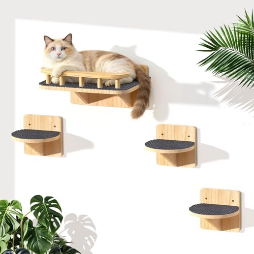 Cat Wall Shelves with 3 Steps, Floating Cat Shelves for Wall with Wide Perch, Modern Wood Wall Mounted Furniture up to 15lbs, Climber Shelf for Small/Medium Cats Sleeping,Jumping, Playing by Chuiendi