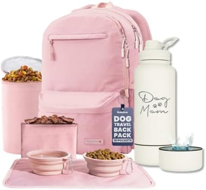 Rubyloo The Original Doggy Bag Backpack (Dusty Pink) & 32 oz Insulated Water Bottle with Attached 8 oz Bowl (Dog Mom) – Dog Travel Backpack & Hydration Set by Rubyloo