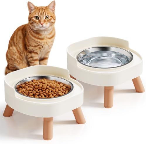 Elevated Cat Bowls, 2P Raised Cat Food and Water Bowl Set for Indoor Cats, Splash Proof with 2 Stainless Steel Pet Food Bowls for Cats ＆ Puppies, Whisker Friendly and Dishwasher Safe - White by HIAIEVIY