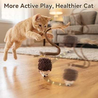 Migipaws Interactive Hedgehog Cat Toy 360° Rolling & Spin with Soft Plush Tail for Indoor Cats Smart Motion Sensor, Realistic Squeak, Rechargeable Plush Kitten Toy (Brown) - Image 2