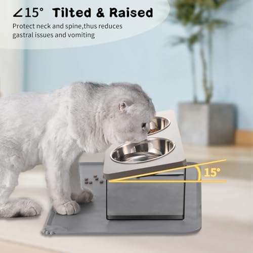 Summark Upgraded Elevated Cat Bowls with Food Mat,15°Tilted Stand Anti Vomiting Raised Cat Dishes for Food and Water,2 Stainless Steel Bowls for Cats and Puppy（Gray） - Image 4