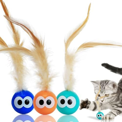 Bouncy Cat Toys with Feathers 3-Pack, Interactive Rubber Ball with Goofy Eyes and Natural Tail for Indoor Cats & Kittens, High Elastic Bouncing Toy for Chase Hunt Play by Unknown