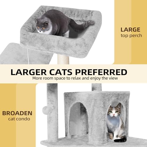 54inch Large Cat Tree Tower Condo with Hammock for Indoor Cats, Soft Plush Multi-Level Climbing Tree Cat House with Cat Cave, Scratching Post, Sisal Rope, Light Grey - Image 3