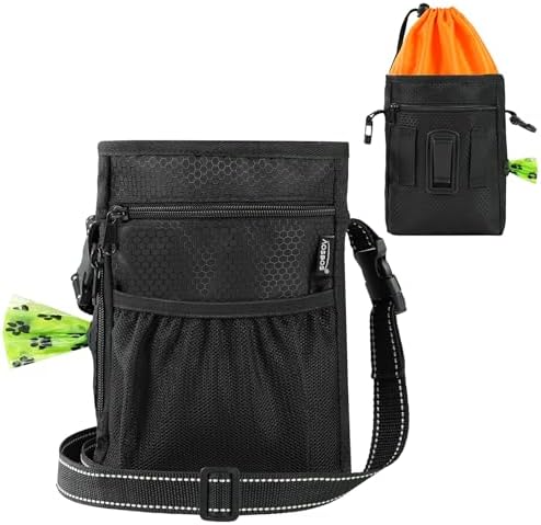 Aosbos Dog Treat Pouch with Built-in Poop Bag Dispenser & Easy-Clean Liner - Dog Training Treat Bag with Reflective Strap & Belt Clip, Black Orange by Aosbos