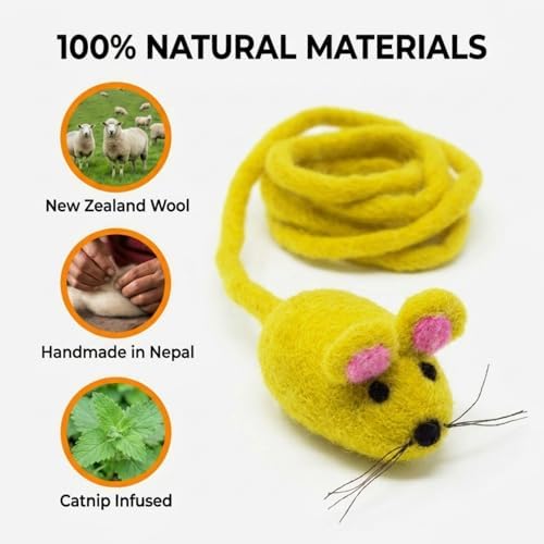 Glaciart One Felt Mouse Cat Toy – Soft Fuzzy Enrichment 100% Natural Wool - Interactive Catnip Play Cat Toy Set - Safe for Pets, Non-AZO Colored Dyes - 42” Long - Image 6