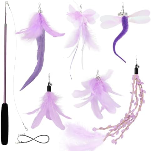 SONGWAY Cat Wand Toys for Indoor Cats - Cat Toy Set with Retractable Teaser Wand and 6 PCS Fairy Feather Toy Refills, Dragonfly Tassel Cat Toys Interactive, Purple by SONGWAY