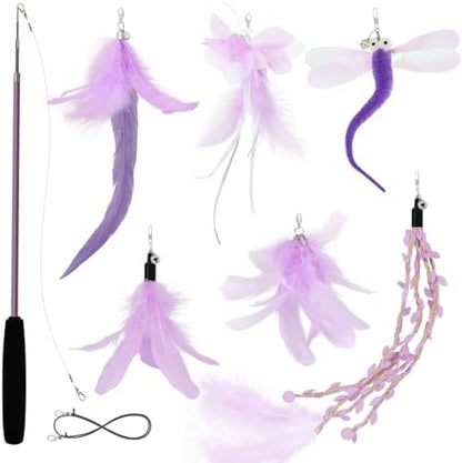 SONGWAY Cat Wand Toys for Indoor Cats - Cat Toy Set with Retractable Teaser Wand and 6 PCS Fairy Feather Toy Refills, Dragonfly Tassel Cat Toys Interactive, Purple by SONGWAY