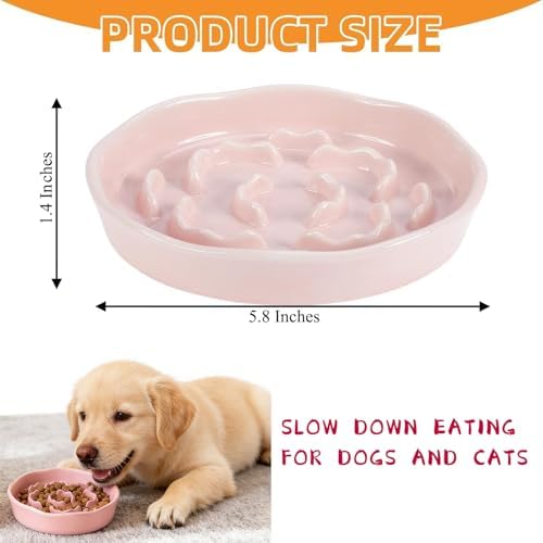 Pet Feeding Bowls, Ceramic Slow Feeder Dog Bowl - Heavy Weighted Blue Bloom Food Dish for Small to Medium Dogs - Non-Slip, Microwave & Dishwasher Safe Pottery Maze to Fast Eating (Pink) - Image 2