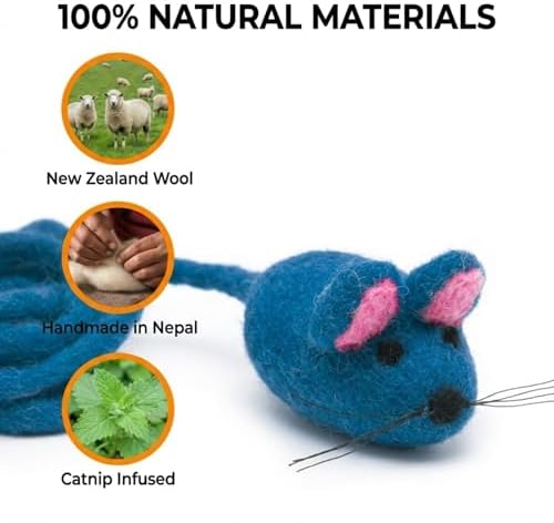 Glaciart One Felt Mouse Cat Toy – Soft Fuzzy Enrichment 100% Natural Wool - Interactive Catnip Play Cat Toy Set - Safe for Pets, Non-AZO Colored Dyes - 42” Long - Image 4