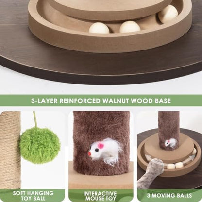 40" Cat Scratching Post, Natural Sisal Rope Cat Scratcher Tree, Cat Scratcher Post with Hanging Ball, Heavy-Duty Wood Base with Mouse Hole & Ball Track for Kitten & Adult Cats - Image 4