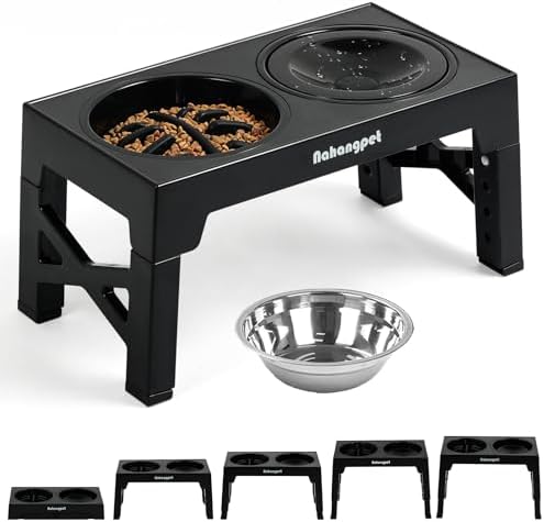 3-in-1 Elevated Slow Feeder Dog Bowls for Food and Water, 5 Heights Adjustable Raised Dog Bowls, Non-Slip, No Spill, for Small Medium Large Dogs and Cats(Black) by NAHANGPET