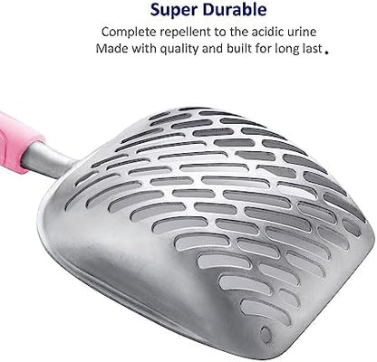 WePet Cat Litter Scoop, Aluminum Alloy Sifter, Kitty Metal Scooper, Deep Shovel with Diagonal Sifting Hole, Long Handle, Kitten Poop Lifter for Litter Box, Large Size, Pink Handle - Image 4