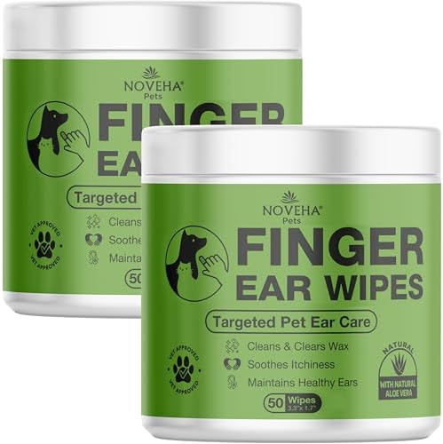 NOVEHA Dog Ear Wipes Finger Glove Fit | Easy Ear Cleaning for Dogs & Puppies, Cats & Kittens | Gentle Pet Ear Cleaner Finger Wipes for Puppy, Kitten & More | Cat & Dog Ear Wash | 2PK - 50ct by NOVEHA