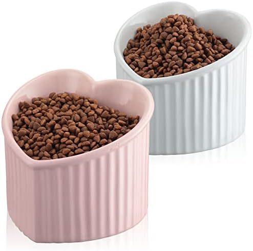 Mumufy 2 Pcs Ceramic Elevated Cat Bowls Tilted Elevated Raised Pet Bowls Anti Vomit Cat Dish for Indoor Stress Free Water Dish Feeder for Puppies, Heart Shaped(Pink, White) by Mumufy