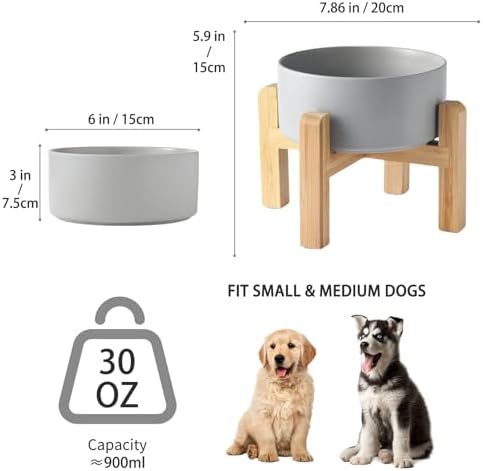 6'' Ceramic Raised Dog Bowl - 30Oz Dog Food & Water Bowl with Elevated Non-Slip Bamboo Stand, Dishwasher & Microwave Safe, Anti Vomiting Heavy Duty Pet Bowl for Small and Medium Dogs, Grey - Image 3