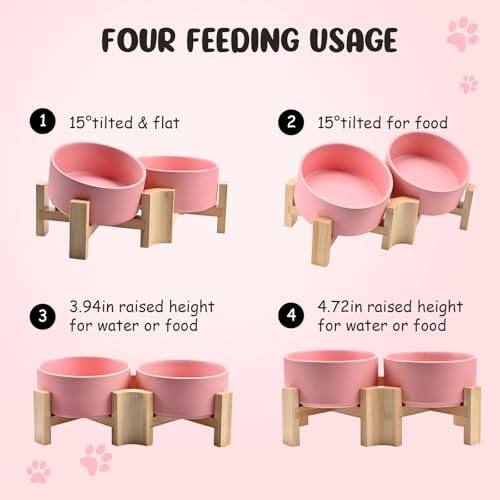 SPUNKYJUNKY 15° Slanted Ceramic Dog and Cat Bowl with Wooden Stand, Tilted Bulldog Food and Water Bowl No Slip Non-Spill for Cats Medium Dogs Big Face Pets 28.7 OZ (3.6 Cups, Pink × 2) - Image 2