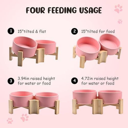 SPUNKYJUNKY 15° Slanted Ceramic Dog and Cat Bowl with Wooden Stand, Tilted Bulldog Food and Water Bowl No Slip Non-Spill for Cats Medium Dogs Big Face Pets 28.7 OZ (3.6 Cups, Pink × 2) - Image 2