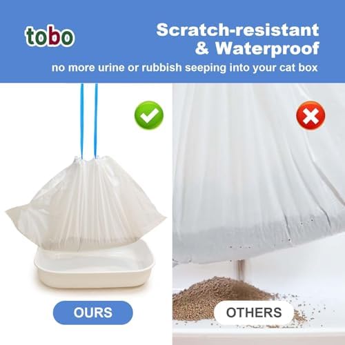 Tobo Cat Litter Box Liners, 30 Count, 2 Mil Extra-Durable Drawstring Bags (37" x 17") with Tie Handles + Reusable Canvas Tote Bag, Leak-Resistant, Easy Clean-Up for Most Standard & Large Litter Pans - Image 3