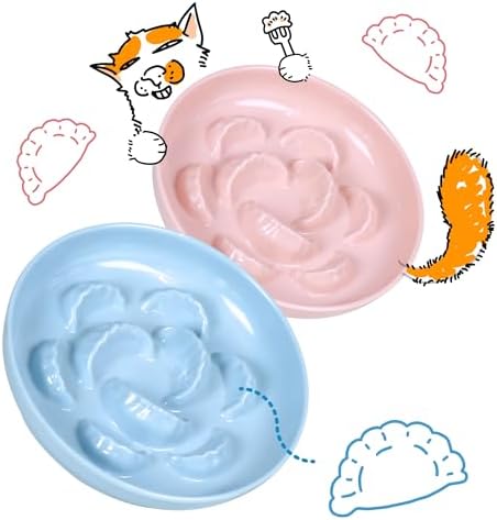 2 Pcs Cat Slow Feeder Bowl for Dry & Wet Food - Unbreakable Melamine Cat Food Plates for Slow Eating - Cute Kitten Bowl - Whisker Friendly & Dishwasher Safe & Non Slip Design (Blue + Pink) by FullCharm