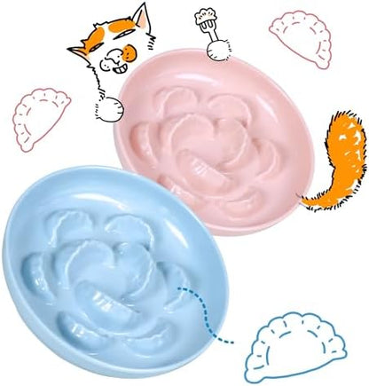 2 Pcs Cat Slow Feeder Bowl for Dry & Wet Food - Unbreakable Melamine Cat Food Plates for Slow Eating - Cute Kitten Bowl - Whisker Friendly & Dishwasher Safe & Non Slip Design (Blue + Pink) by FullCharm
