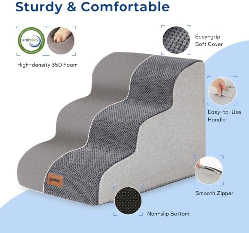 ZOMISIA Pet Stairs Ramp for Small Dogs, 15.7" Dog Bed Stairs 3 Step Grey - Image 3