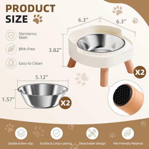 Elevated Cat Bowls, 2P Raised Cat Food and Water Bowl Set for Indoor Cats, Splash Proof with 2 Stainless Steel Pet Food Bowls for Cats ＆ Puppies, Whisker Friendly and Dishwasher Safe - White - Image 6