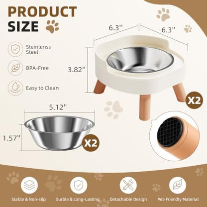 Elevated Cat Bowls, 2P Raised Cat Food and Water Bowl Set for Indoor Cats, Splash Proof with 2 Stainless Steel Pet Food Bowls for Cats ＆ Puppies, Whisker Friendly and Dishwasher Safe - White - Image 6