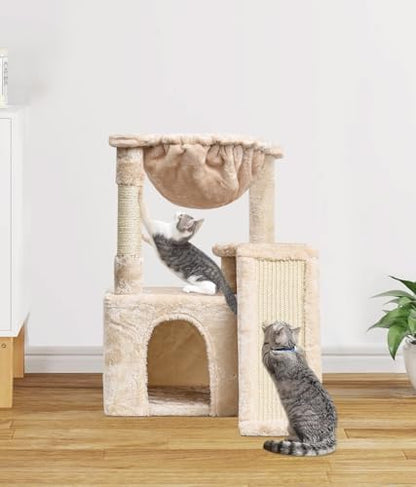 SYANDLVY Cat Tree for Indoor Cats Large Adults, Modern Activity Tower with Scratching Posts & Board, Condo with Plush Perch, Climbing Stand with Cradle & Hanging Ball for Play, Beige - Image 5