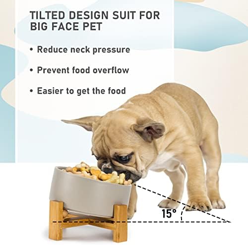 SPUNKYJUNKY 15° Slanted Ceramic Dog and Cat Bowl with Wooden Stand, Tilted Bulldog Food and Water Bowl No Slip Non-Spill for Cats Medium Dogs Big Face Pets 28.7 OZ (3.6 Cups, Grey) - Image 2