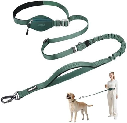 MIDOG Multifunctional Dog Leash Hands Free for Large Dogs - Adjustable Waist Leash with Zipper Pounch& Bungee Cord for Jogging/Running/Walking(4-7FT,Green) by MIDOG